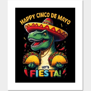 Cinco De Mayo Funny Dinosaur Holding Taco Let's Fiesta Dino Kids Posters and Art